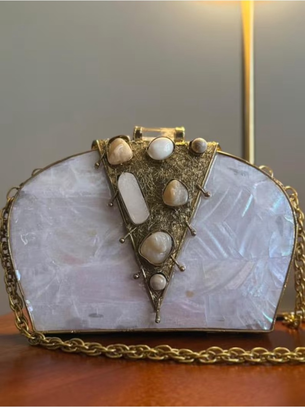 Gold-Trimmed Mother-of-Pearl Evening Clutch - White